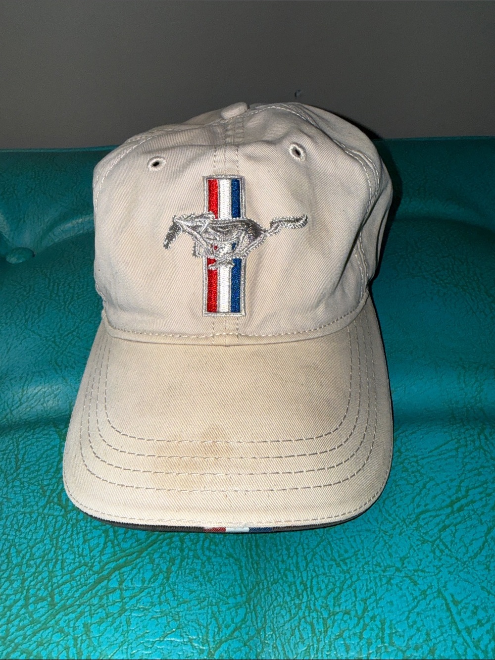 Distressed worn embroidered Mustang Velcro back cap hat